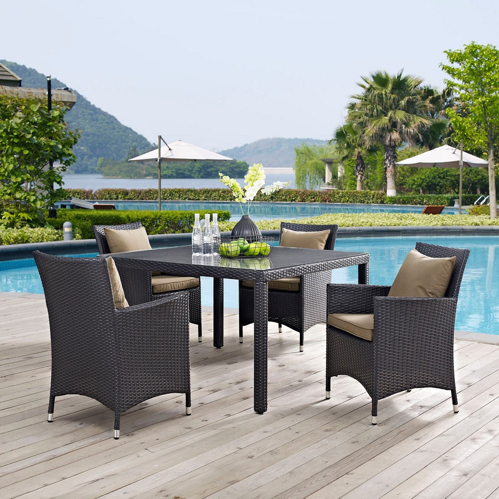 Modway Convene Wicker Rattan 5-Piece Outdoor Patio Dining Set with 47’’ Square Dining Table and Four Dining Arm Chairs in Espresso