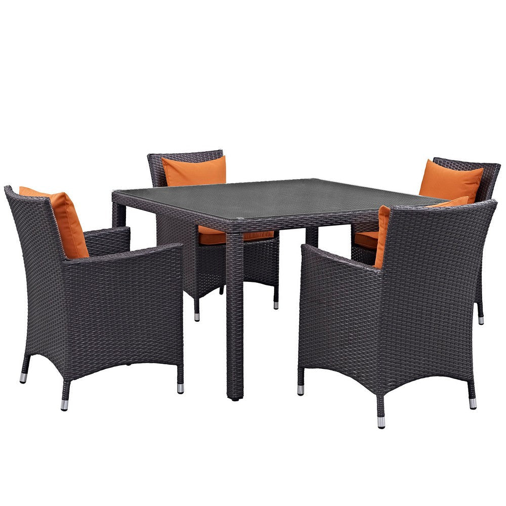 Modway Convene Wicker Rattan 5-Piece Outdoor Patio Dining Set with 47" Square Dining Table and Four Dining Arm Chairs in Espresso Orange