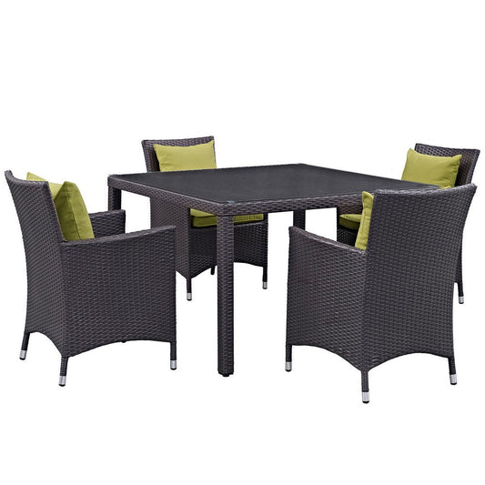 Modway Convene Wicker Rattan 5-Piece Outdoor Patio Dining Set with 47" Square Dining Table and Four Dining Arm Chairs in Espresso Peridot