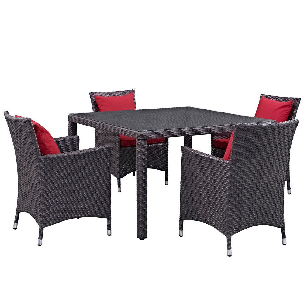 Modway Convene Wicker Rattan 5-Piece Outdoor Patio Dining Set with 47" Square Dining Table and Four Dining Arm Chairs in Espresso Red