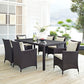 Modway Convene Wicker Rattan 7-Piece Outdoor Patio Dining Set with 71’’ Rectangle Dining Table and Six Dining Arm Chairs in Espresso