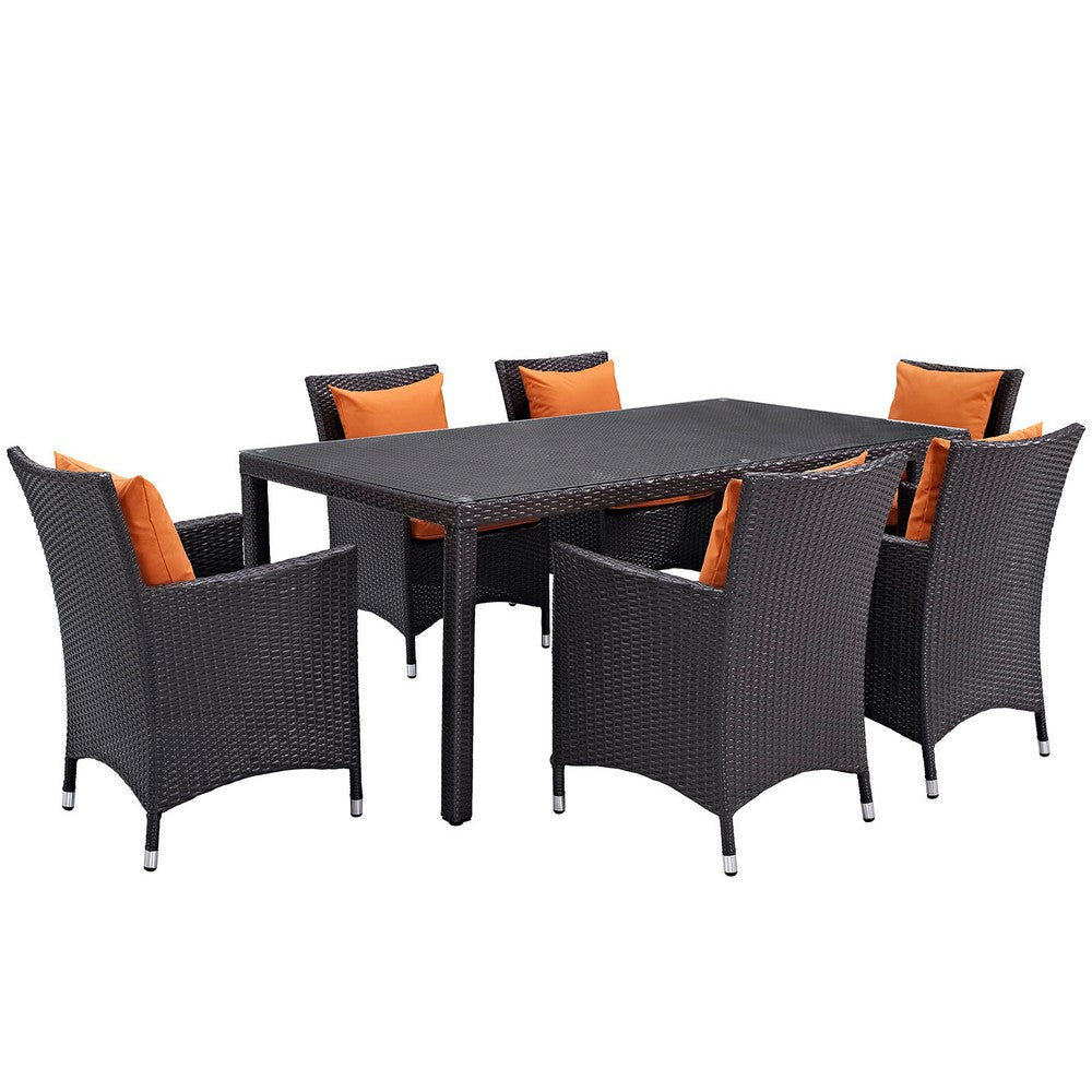 Modway Convene Wicker Rattan 7-Piece Outdoor Patio Dining Set with 71" Rectangle Dining Table and Six Dining Arm Chairs in Espresso Orange