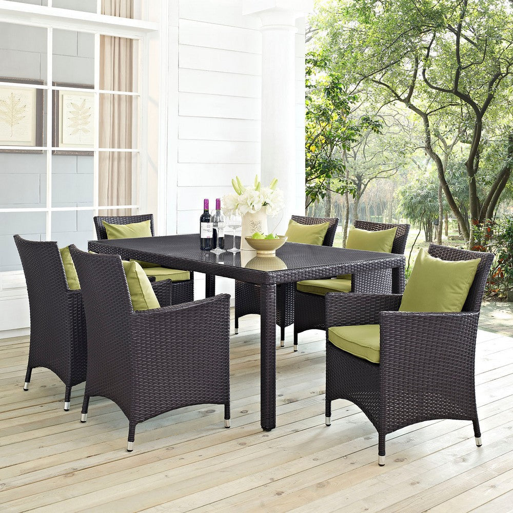 Modway Convene Wicker Rattan 7-Piece Outdoor Patio Dining Set with 71’’ Rectangle Dining Table and Six Dining Arm Chairs in Espresso