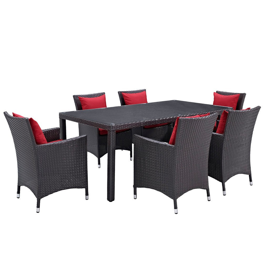 Modway Convene Wicker Rattan 7-Piece Outdoor Patio Dining Set with 71" Rectangle Dining Table and Six Dining Arm Chairs in Espresso Red