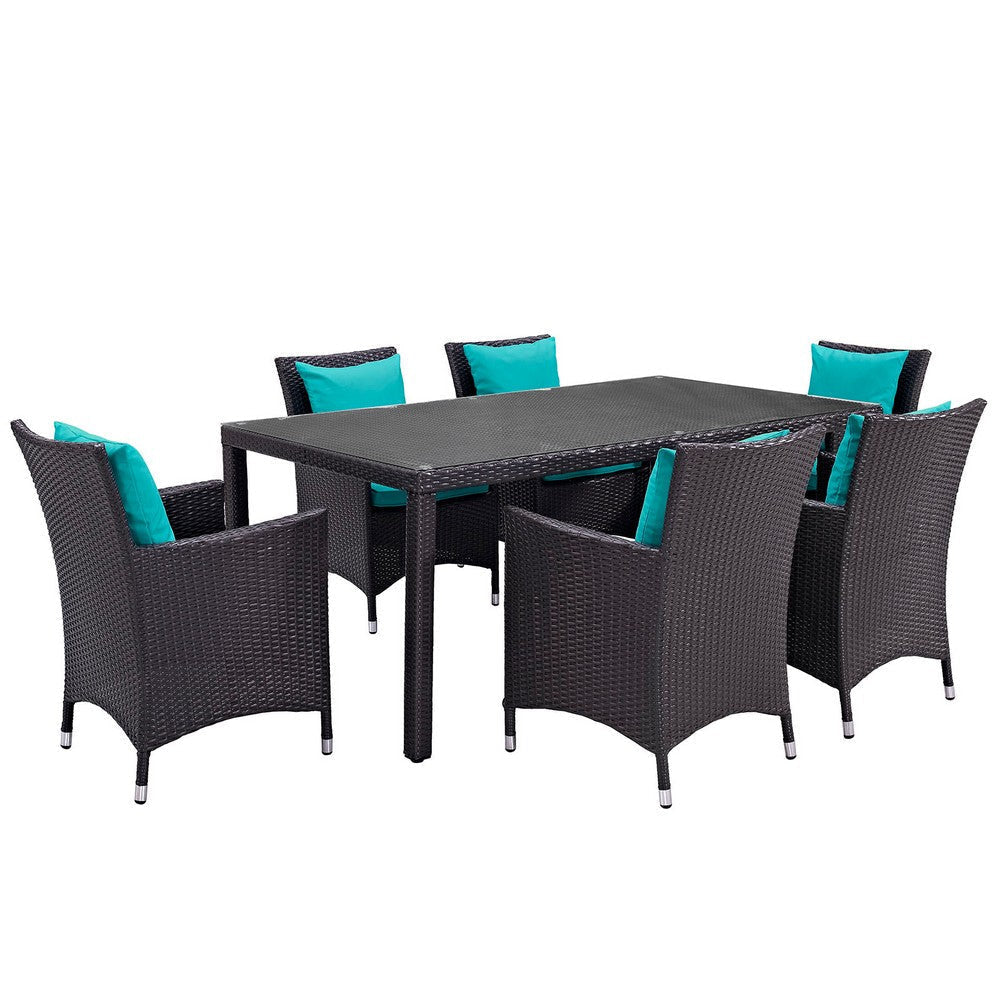 Modway Convene Wicker Rattan 7-Piece Outdoor Patio Dining Set with 71" Rectangle Dining Table and Six Dining Arm Chairs in Espresso Turquoise