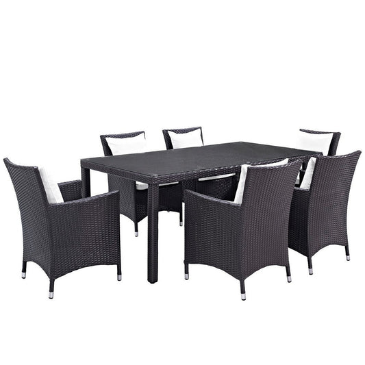 Modway Convene Wicker Rattan 7-Piece Outdoor Patio Dining Set with 71" Rectangle Dining Table and Six Dining Arm Chairs in Espresso White