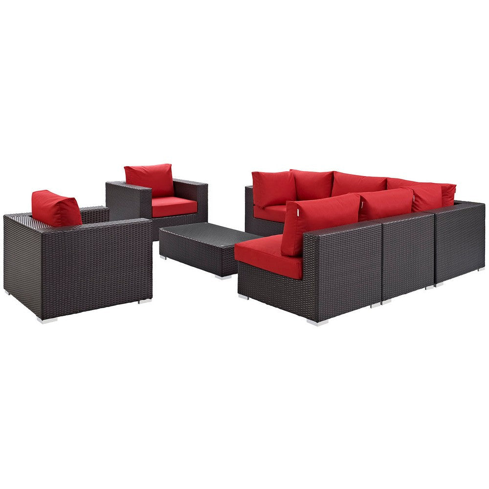 Modway Convene Wicker Rattan 8-Piece Outdoor Patio Sectional Sofa Furniture Set in Espresso Red MDY-EEI-2203-EXP-RED-SET