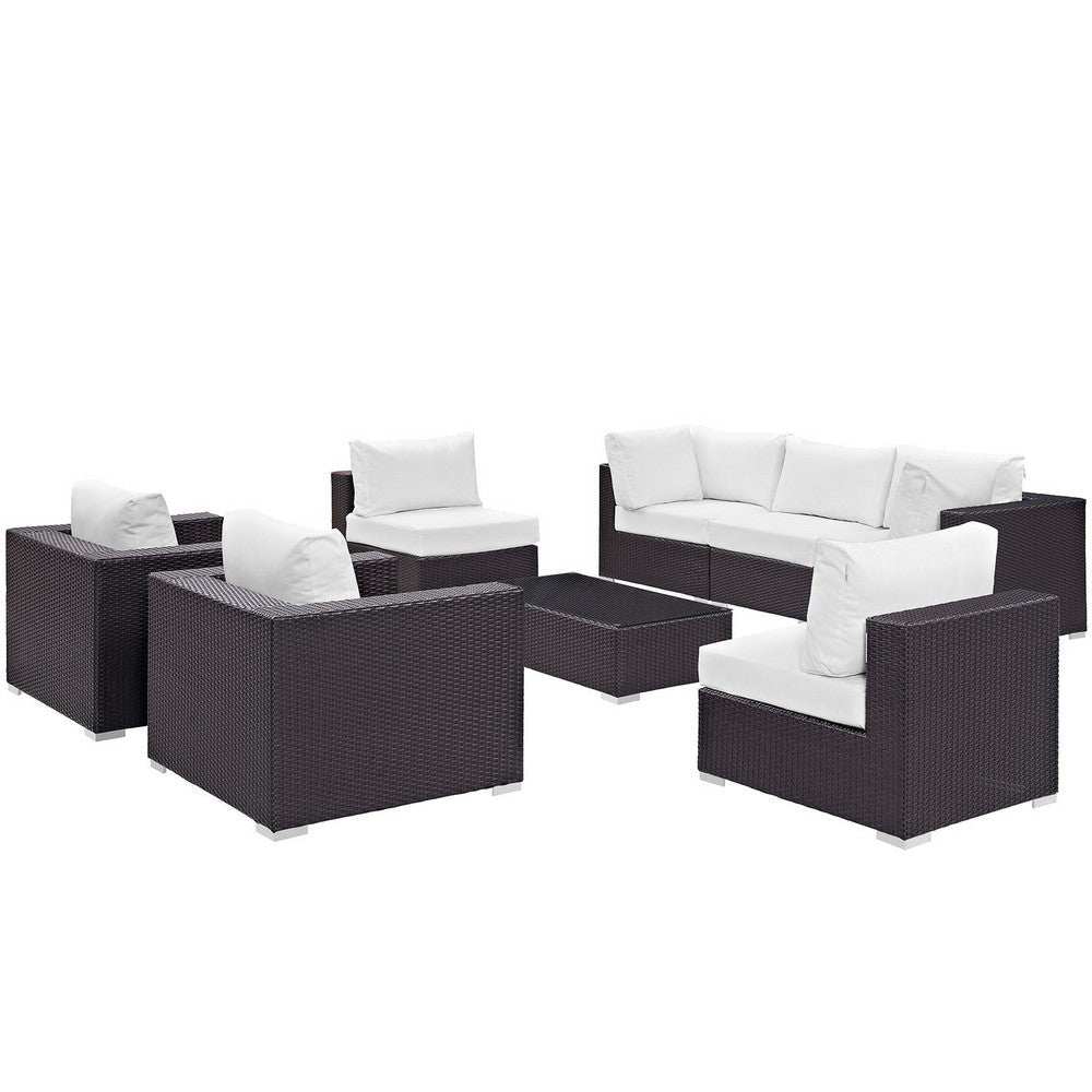 Modway Convene Wicker Rattan 8-Piece Outdoor Patio Sectional Sofa Furniture Set in Espresso White