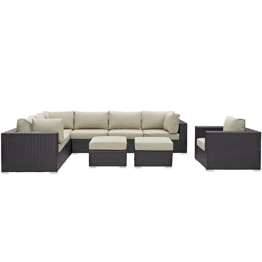 Modway Convene Wicker Rattan 9-Piece Outdoor Patio Sectional Sofa Furniture Set in Espresso Beige