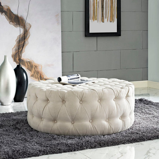 Modway Amour Fabric Upholstered Button-Tufted Round, Ottoman, Beige