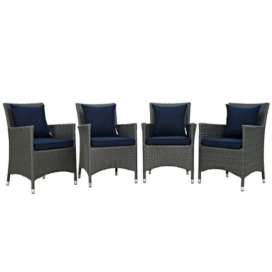 Modway EEI-2243-CHC-NAV-SET Sojourn Wicker Rattan Outdoor Patio Sunbrella Dining Chairs in Canvas Navy, Four Armchairs