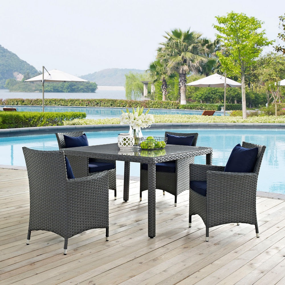 Modway EEI-2243-CHC-NAV-SET Sojourn Wicker Rattan Outdoor Patio Sunbrella Dining Chairs in Canvas Navy Four Armchairs