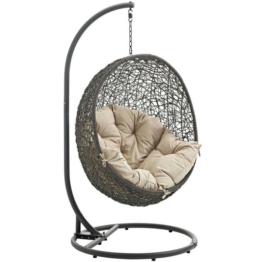 Modway EEI-2273-GRY-BEI Hide Wicker Rattan Outdoor Patio Porch Lounge Egg Set, Swing Chair with Stand, Beige