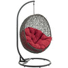 Modway Hide Wicker Rattan Outdoor Patio Porch Lounge Egg Swing Chair Set with Stand in Gray Red