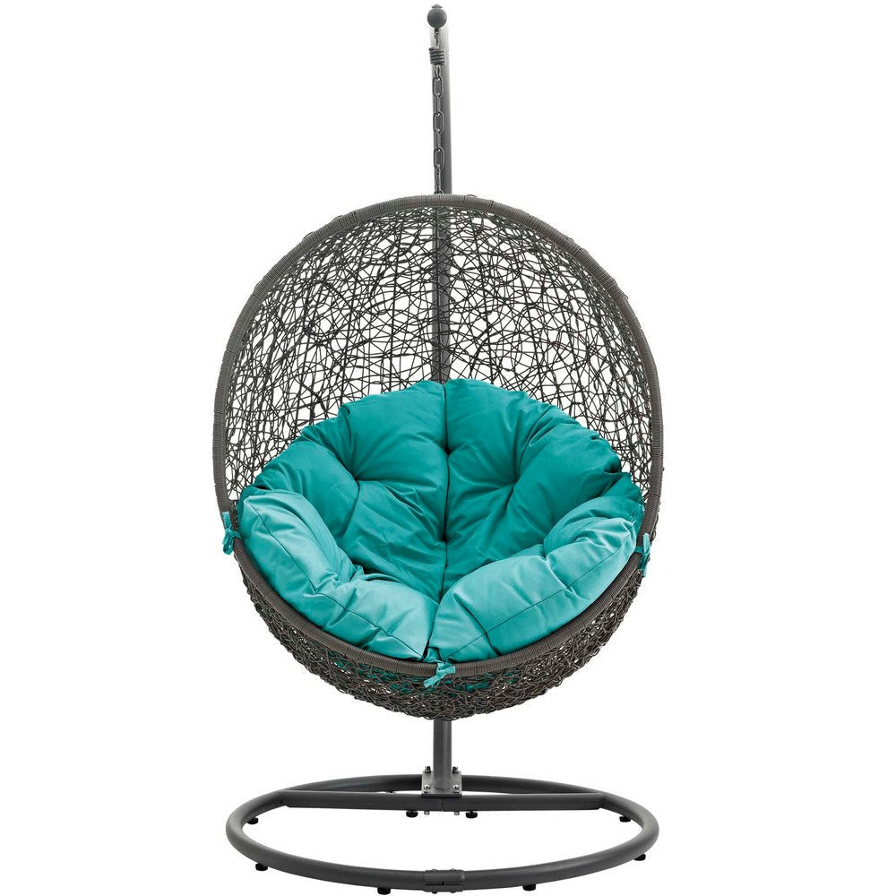 Modway EEI-2273-GRY-TRQ Hide Wicker Rattan Outdoor Patio Porch Lounge Egg Swing Chair Set With Stand Gray Turquoise MDY-EEI-2273-GRY-TRQ