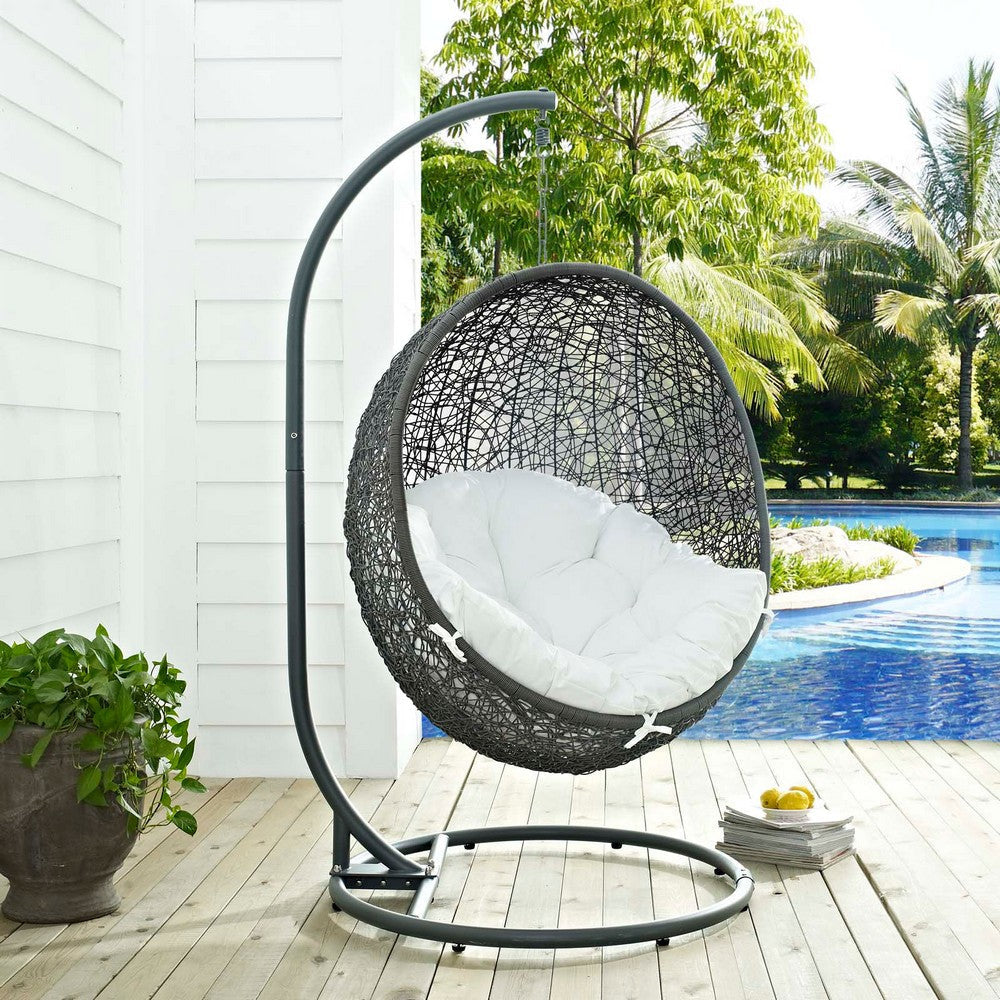 Modway Hide Wicker Rattan Outdoor Patio Porch Lounge Egg Swing Chair Set with Stand in Gray White MDY-EEI-2273-GRY-WHI