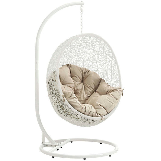 Modway EEI-2273-WHI-BEI Hide Wicker Rattan Outdoor Patio Porch Lounge Egg Set, Swing Chair with Stand, Beige