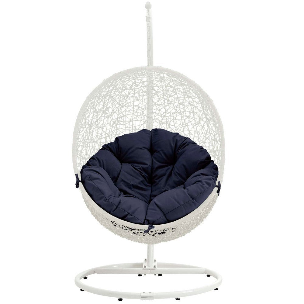 Modway Hide Wicker Rattan Outdoor Patio Porch Lounge Egg Swing Chair Set with Stand in White Navy MDY-EEI-2273-WHI-NAV