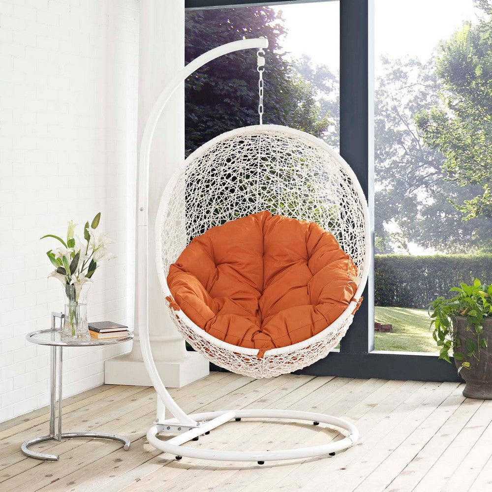 Modway Hide Wicker Rattan Outdoor Patio Porch Lounge Egg Swing Chair Set with Stand in White Orange MDY-EEI-2273-WHI-ORA