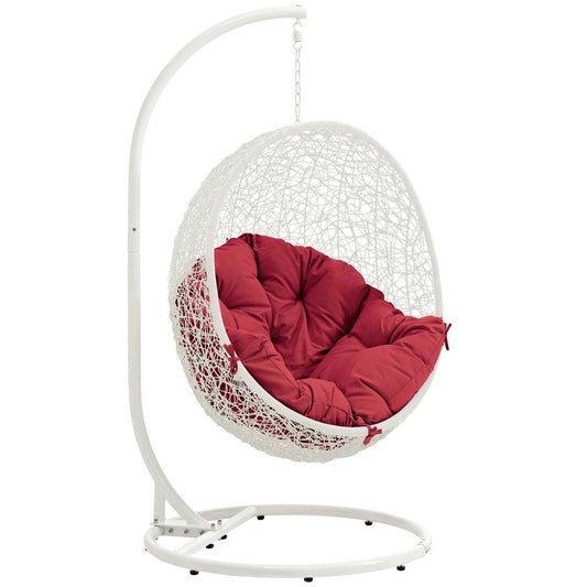 Modway EEI-2273-WHI-RED Hide Wicker Rattan Outdoor Patio Porch Lounge Egg Set, Swing Chair with Stand, Red