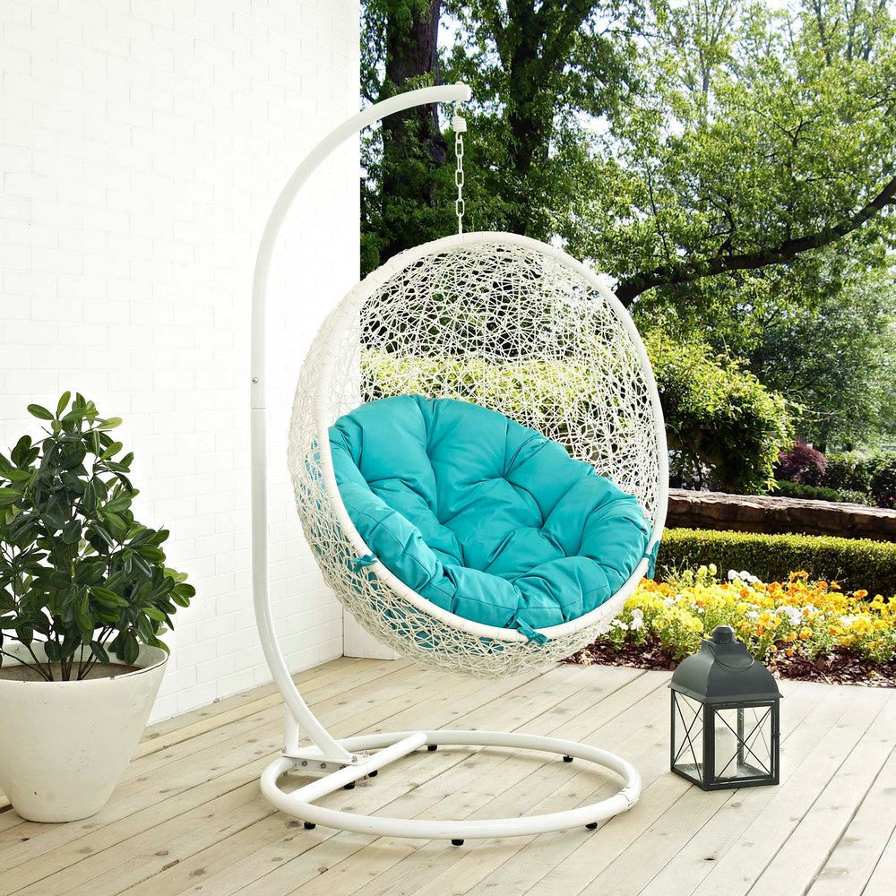 Modway Hide Wicker Rattan Outdoor Patio Porch Lounge Egg Swing Chair Set with Stand in White Turquoise MDY-EEI-2273-WHI-TRQ