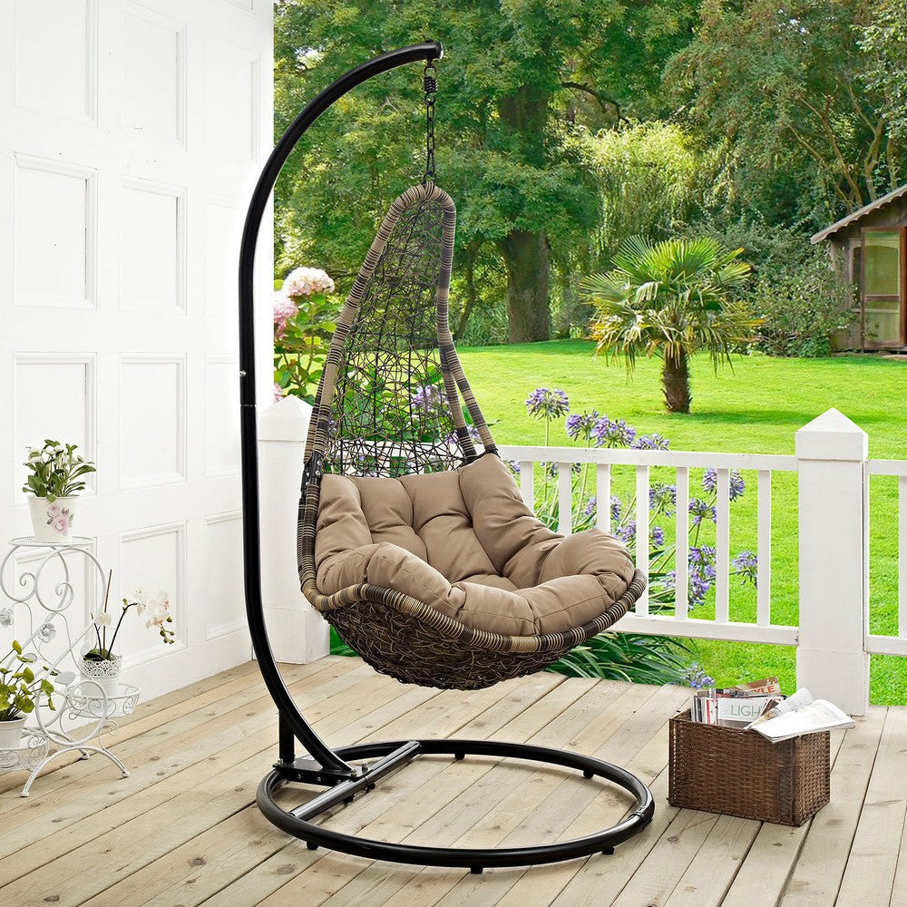 Modway Abate Wicker Rattan Outdoor Patio Porch Lounge Swing Chair Set with Stand in Black Mocha MDY-EEI-2276-BLK-MOC-SET