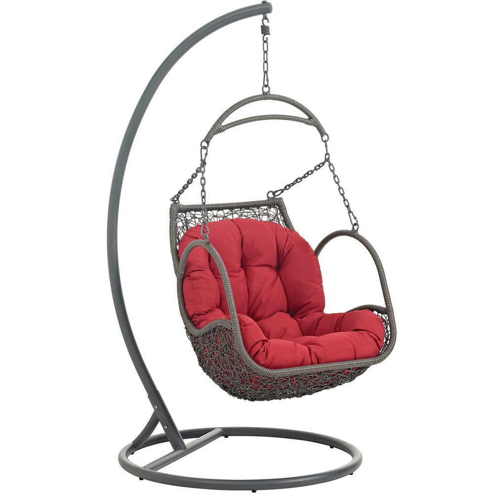 Modway Arbor Wicker Rattan Outdoor Patio Porch Lounge Hanging Swing Chair Set with Stand in Red