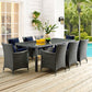 Modway Sojourn Wicker Rattan 7 Piece Outdoor Patio Sunbrella Dining Set in Canvas Navy MDY-EEI-2309-CHC-NAV-SET