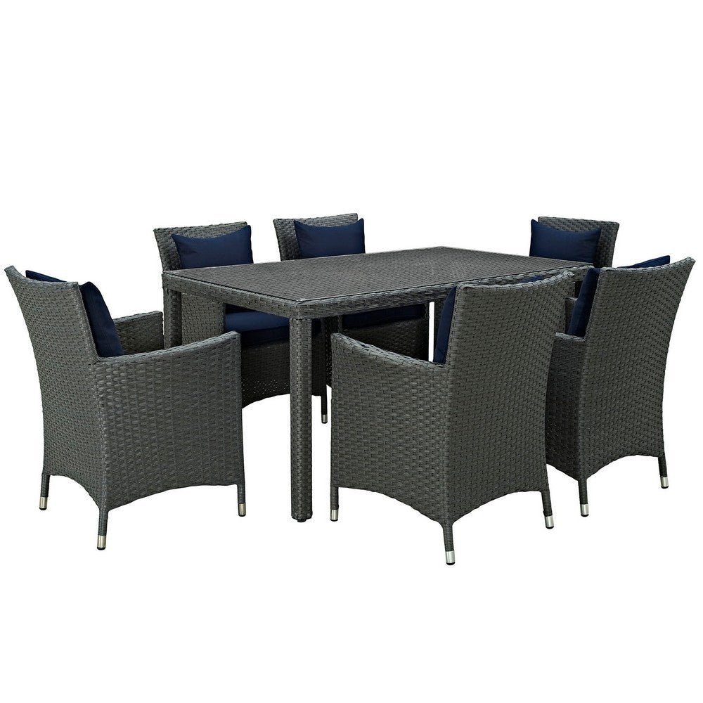 Modway Sojourn Wicker Rattan Aluminum Outdoor Patio 7-Piece 59" Glass Dining Table and Patio Dining Armchairs with Sunbrella® Fabric Cushions Set in Canvas Navy