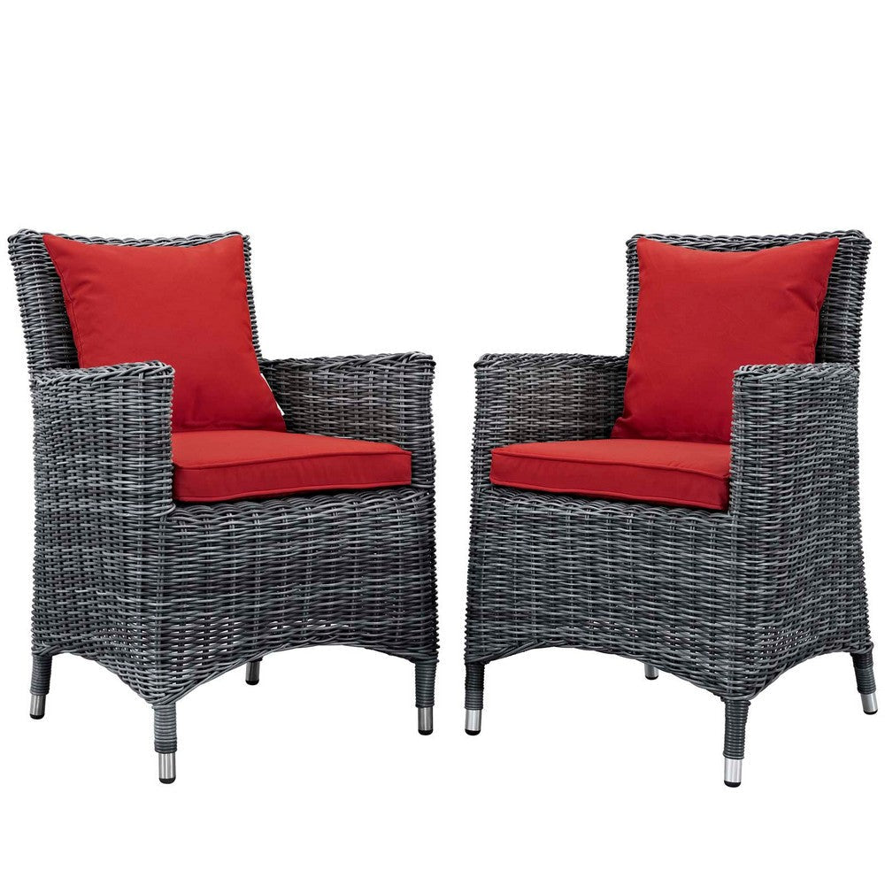 Modway Summon Wicker Rattan Aluminum Outdoor Patio Two Dining Arm Chairs with Sunbrella® Fabric Cushions in Canvas Red