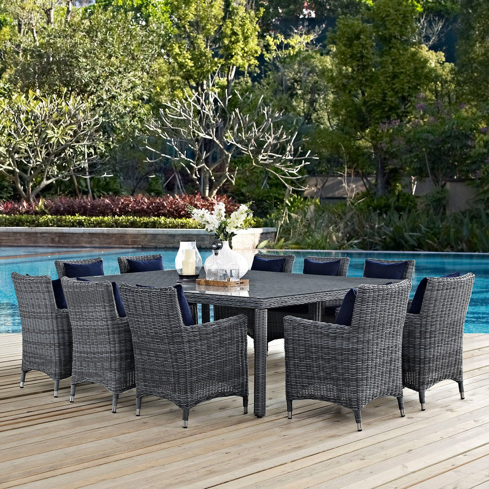 Modway Summon Wicker Rattan Aluminum Outdoor Patio 11-Piece 91’’ Dining Table and Dining Armchairs with Sunbrella® Fabric Cushions