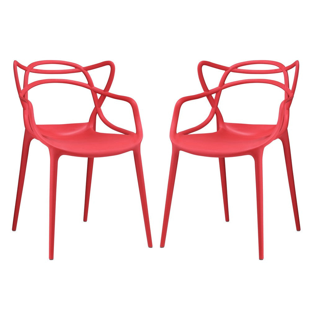 Modway Entangled Modern Molded Plastic Two Dining Armchairs in Red