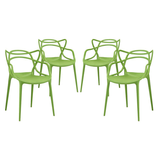 Modway Entangled Modern Molded Plastic Four Dining Armchairs in Green