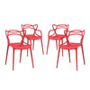 Modway Entangled Modern Molded Plastic Four Dining Armchairs in Red