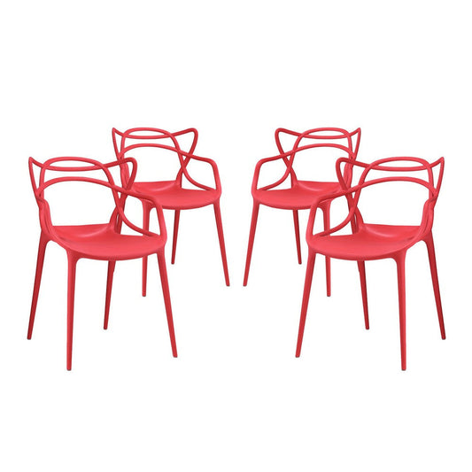 Modway Entangled Modern Molded Plastic Four Dining Armchairs in Red