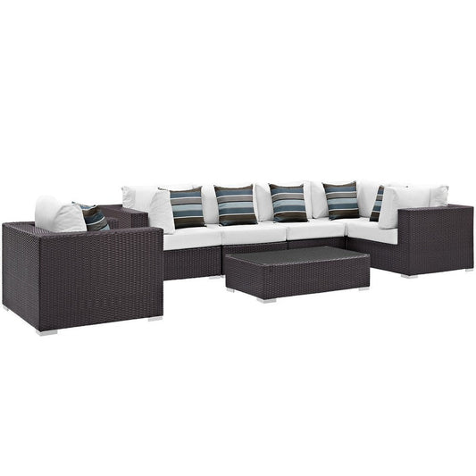 Modway Convene Wicker Rattan 7-Piece Outdoor Patio Sectional Sofa Furniture Set in Espresso White