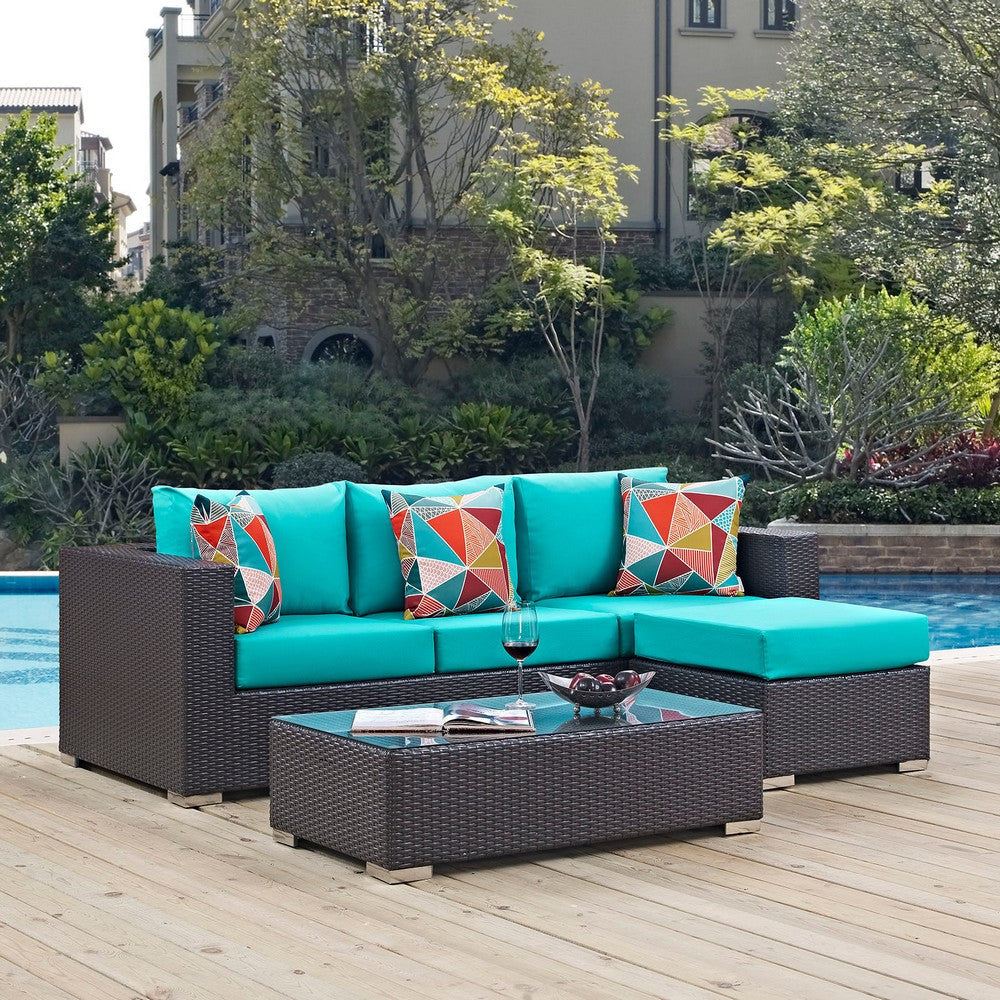 Modway EEI-2364-EXP-TRQ-SET Convene 3 Piece Outdoor Patio Sofa Set Espresso Turquoise MDY-EEI-2364-EXP-TRQ-SET