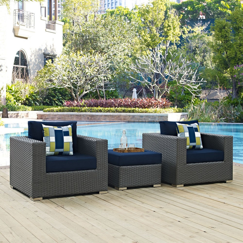 Modway EEI-2386-CHC-NAV-SET Sojourn Wicker Rattan Outdoor Patio Sunbrella Two Armchairs and Ottoman in Canvas Navy MDY-EEI-2386-CHC-NAV-SET