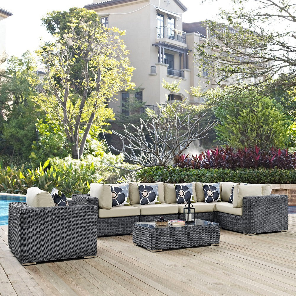 Modway EEI-2387-GRY-BEI-SET Summon 7 Piece Outdoor Patio Sectional Set with Sunbrella Cushions in Canvas Antique Beige