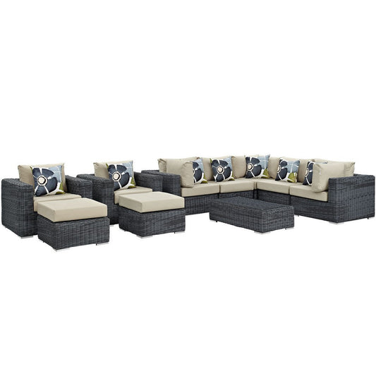 Modway EEI-2396-GRY-BEI-SET Summon 10 Piece Outdoor Patio Sectional Set with Sunbrella Cushions in Canvas Antique Beige