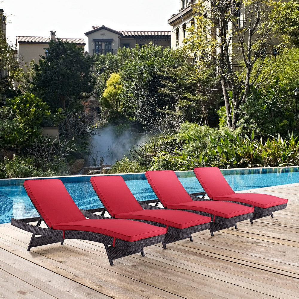 Modway Convene Wicker Rattan Outdoor Patio Chaise Lounge Chairs in Espresso Red - Set of 4 MDY-EEI-2429-EXP-RED-SET