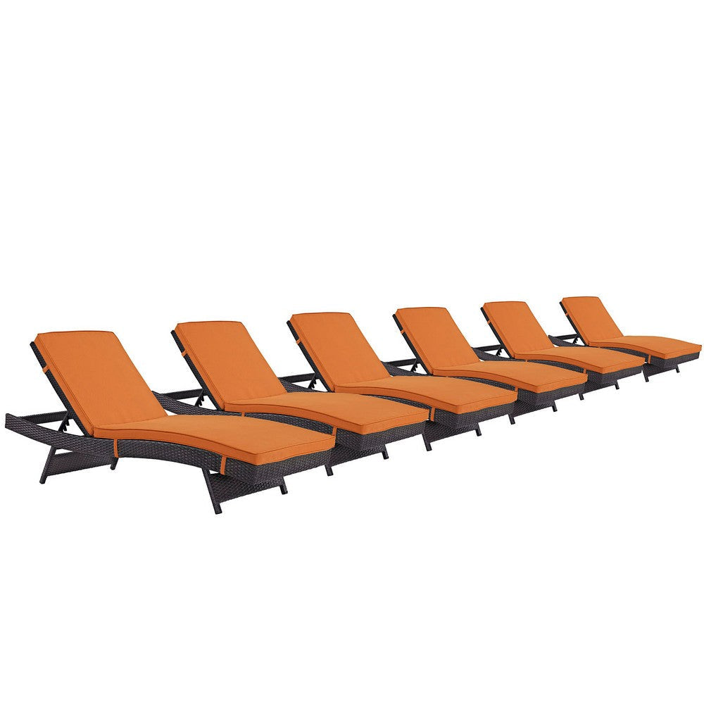 Modway Convene Wicker Rattan Outdoor Patio Chaise Lounge Chairs in Espresso Orange - Set of 6