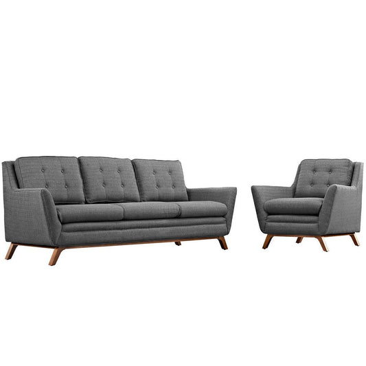 Modway Beguile Mid-Century Modern Sofa Upholstered Fabric with Sofa and Armchair in Gray