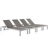 Modway Shore Aluminum Outdoor Patio Poolside Four Chaise Lounge Chairs in Silver Gray