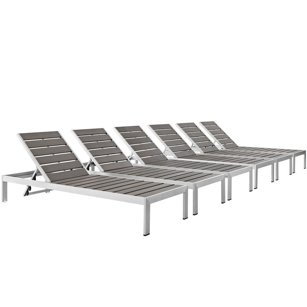 Modway Shore Aluminum Outdoor Patio Poolside Six Chaise Lounge Chairs in Silver Gray