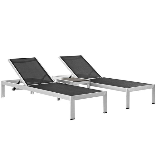 Modway Shore Aluminum Textilene® Mesh Outdoor Patio 3-Piece Poolside Chaise Lounge Chair and Side End Table Set in Silver Black