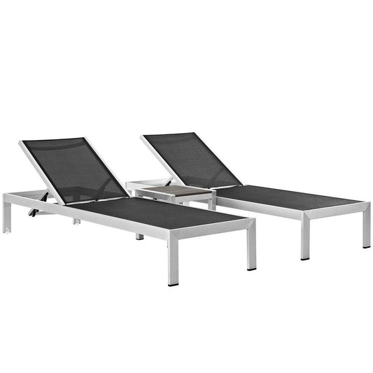 Modway Shore Aluminum Textilene® Mesh Outdoor Patio 3-Piece Poolside Chaise Lounge Chair and Side End Table Set in Silver Black