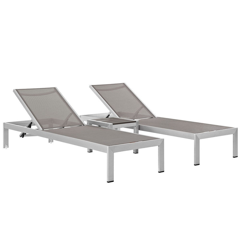 Modway Shore Aluminum Textilene® Mesh Outdoor Patio 3-Piece Poolside Chaise Lounge Chair and Side End Table Set in Silver Gray