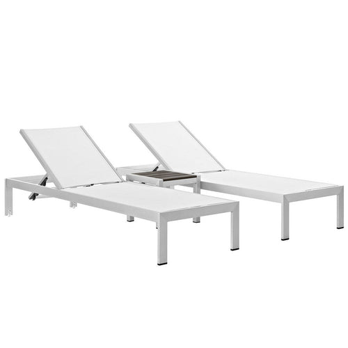 Modway Shore Aluminum Textilene® Mesh Outdoor Patio 3-Piece Poolside Chaise Lounge Chair and Side End Table Set in Silver White