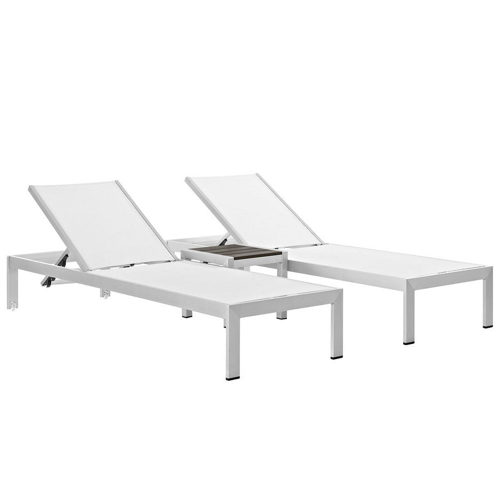 Modway Shore Aluminum Textilene® Mesh Outdoor Patio 3-Piece Poolside Chaise Lounge Chair and Side End Table Set in Silver White